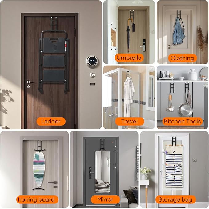 FYY Over The Door Hooks - 2 Pack Heavy Duty Double-Hanger Organizer for Bathroom Bedroom Dorm, Hanging Clothes Towels Hats Bags Ironing Board Wreath Robe - Fits Interior Doors Up to 1.6” Black