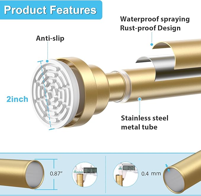 Tension Curtain Rod 30 To 49 Inch Gold Tension Rods Adjustable Spring Loaded Curtain Rods 7/8" Curtains Rods No Drilling Tension Rods For Windows Bedroom Closet Doorway Door 2pcs