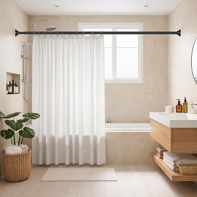 Long Tension Curtain Rod 40-148inch Black Shower Curtain Rods no Drilling Adjustable Tension Rod for Windows,Shower,Patio,Doorway,Heavy Duty Spring Rods Diameter 1.26inch