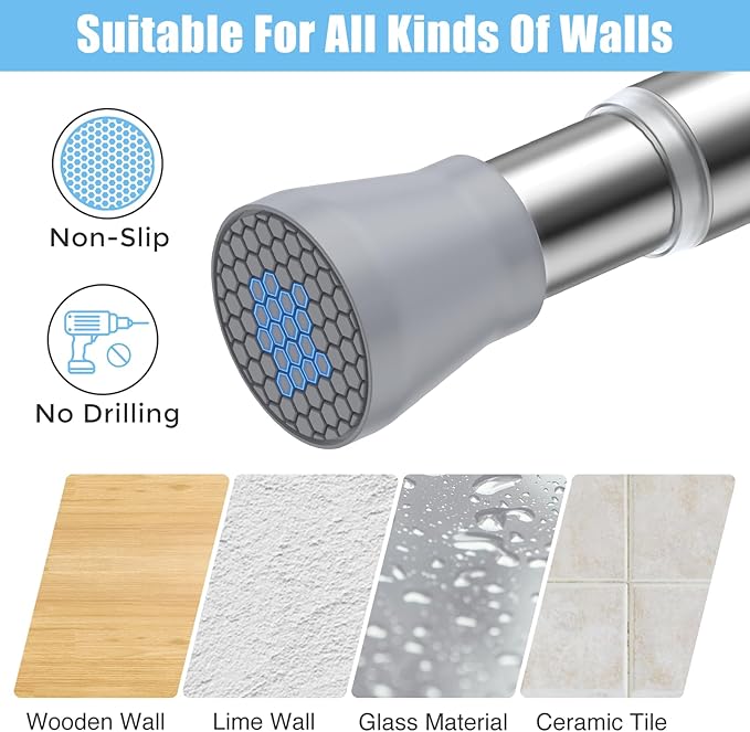 AIZESI Shower Curtain Rod 30-64 Inch Adjustable Curtain Rods Never Rust & Non-Slip Spring Tension Curtain Rods No Drilling Shower Rods for Bathroom Window Kitchen, Silver