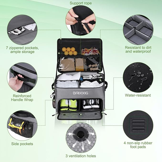 Golf Trunk Organizer, Waterproof Car Golf Locker with Separate Ventilated Compartment for 2 Pair Shoes, Golf Storage for Balls, Tees, Cap, Clothes, Gloves, Accessories, Gifts for Men, Women