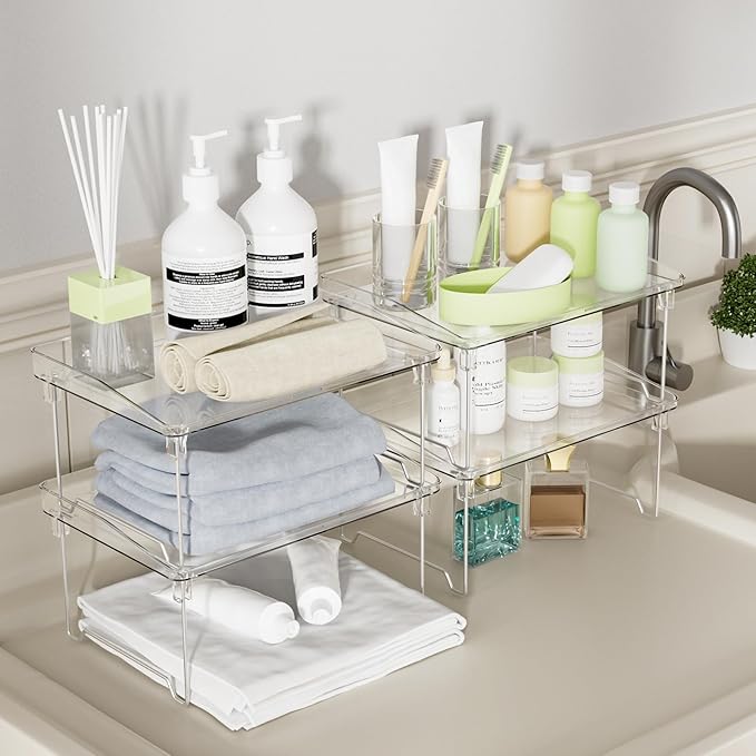 Acrylic Cabinet Organizer Shelf,4 Pcs Stackable Kitchen Counter Shelves,Spice Rack,Countertop Organizers,Clear Plastic Storage Organization for Makeup，Bathroom,Cupboard,Desk,Pantry