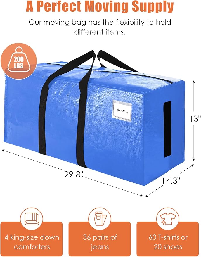 SWEET DOLPHIN 8 Pack 200LB Heavy-Duty Moving Bags with Wrap-Around Handles, Extra Large Storage Totes for Space Saving, Clothes Storage Bags, College Dorm Essentials, Multicolor, 24 Gal