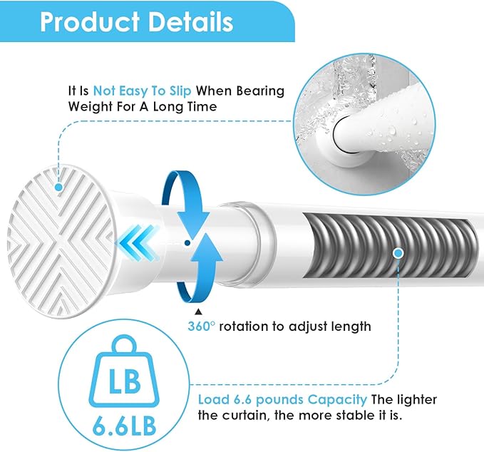 1Pcs Tension Curtain Rod 31 To 76 Inch White Shower Curtain Rod No Drilling Adjustable Spring Loaded Curtain Rods 7/8"Diameter Shower Rods For Bathroom Windows Bedroom Closet Doorway Door
