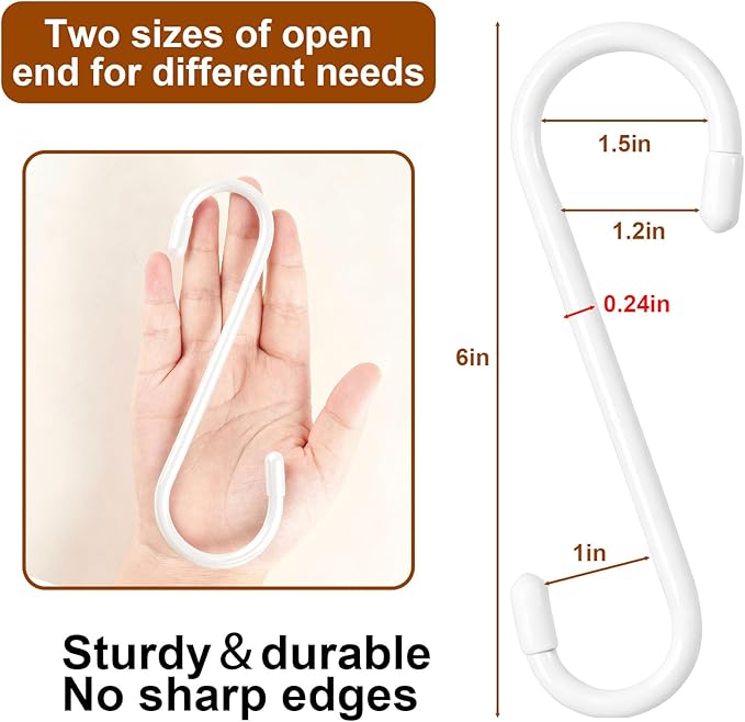 KEYBOO 6 Inch Vinyl Coated White S Hook,10 Pack Large S Hook for Hanging Heavy Duty, Non Slip S Shaped Closet Hooks, Metal S Hooks for Hanging Jeans, Potting Trays, Clothes, Bags,Plants