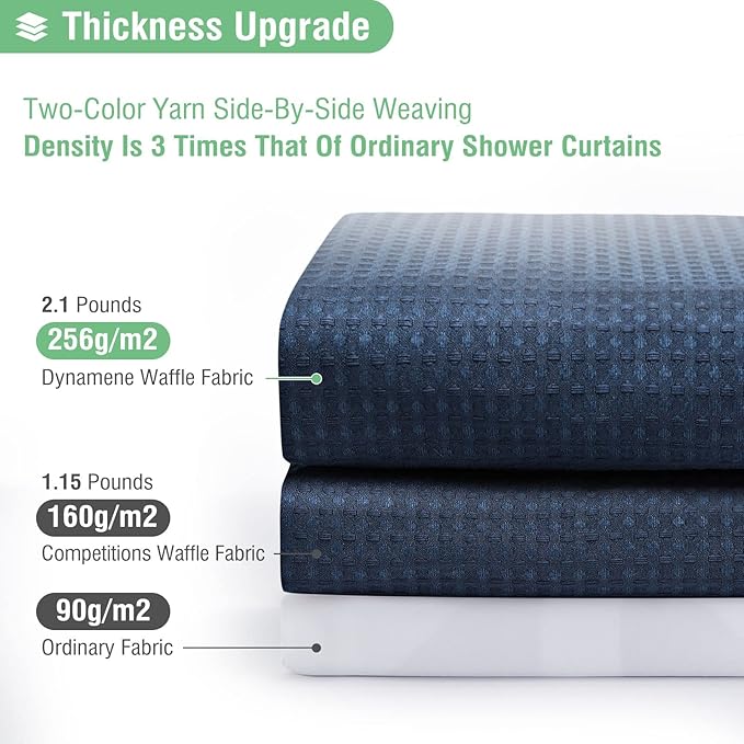 Dynamene Long Fabric Shower Curtain - Waffle Textured Tall Heavy Duty Cloth Shower Curtains for Bathroom, 256GSM Large Hotel Spa Luxury Bath Curtain Set with 12 Plastic Hooks(72Wx80H, Navy Blue)