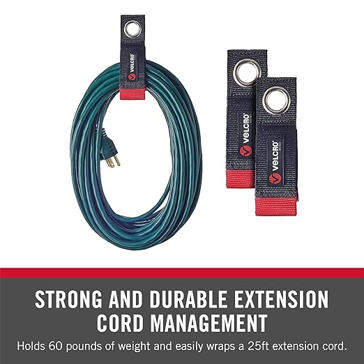 VELCRO Brand Extension Cord Organizer Holder. Heavy Duty Straps for Garage Organization and Storage. Rust Resistant Grommet Hangs Easily on Wall 2pk,Small 10-inch,60bs Weight Rating,Black