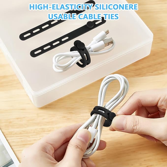 40 Pcs Black Silicone Cable Ties, Reusable Cable Straps Wire Organizer, Cable Management Cord Organizer for Fastening Earphone Phone Charger Home Office Desk Kitchen Appliances Cable Cords Wires