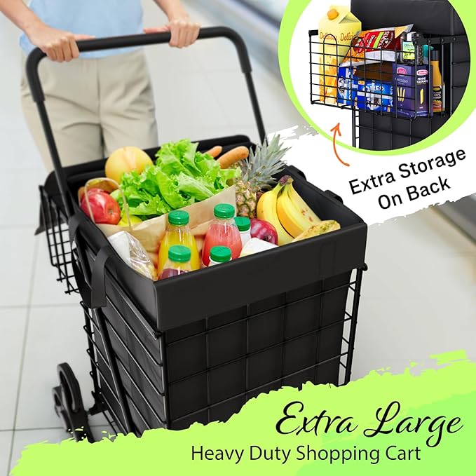 Our Modern Space Shopping Cart w/Waterproof Basket Liner & Large 360° Swivel Wheels | Foldable Collapsible & Lightweight | Perfect for Groceries Laundry Utility Cart - Black