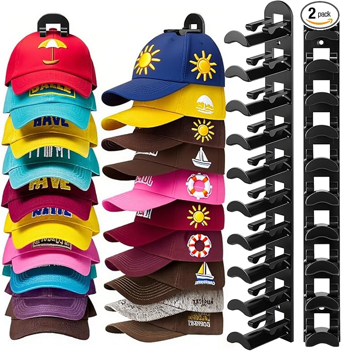 2 Pack Hat Hook Organizer for Baseball Caps, Hat Hanger Holder for 20 Caps, Wall Hat Rack with Strong Adhesive, Multilayer Cap Storage Hooks for Closet Door and Bedroom (Style B-Black)
