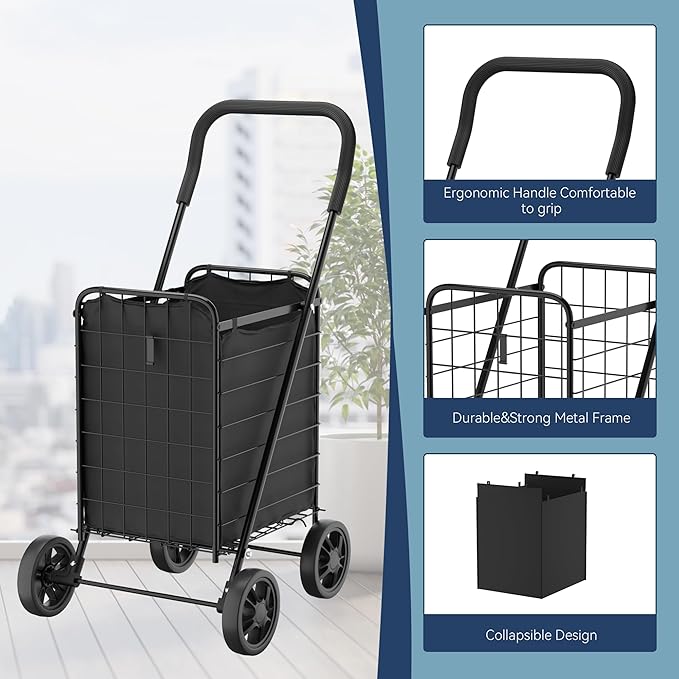 Whitmor Foldable Utility Shopping Cart with Wheels, 60Lb Capacity, Heavy Duty Grocery Cart with Steel Frame, Foam Handle, Rolling Utility Cart for Grocery, Laundry, Travel, Black/w Liner