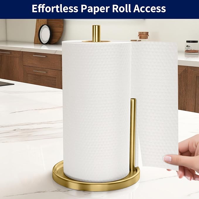 Jesginboo Paper Towel Holder Countertop, Gold Kitchen Paper Towels Holder, Paper Roll Holder with Weighted Base