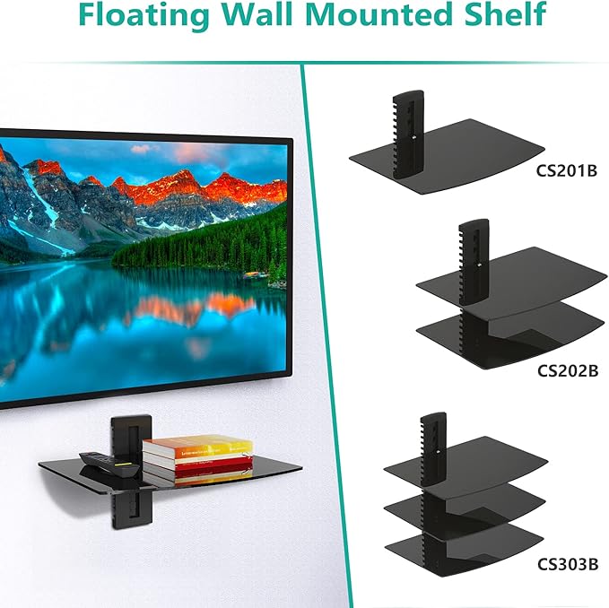 WALI Floating TV Shelf, 1 Tier Glass Projector Shelf for DVD Players, Routers, Game Consoles, Cable Boxes, Living Room Decor, Wall Mount Shelves Hold Up to 17.6lbs (CS201B), 1-Shelf, Black
