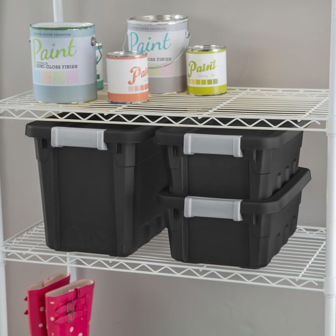 Sterilite 18-Pack Plastic Storage Bins with Lids, Stackable Containers, 7.5 Gallon, Black