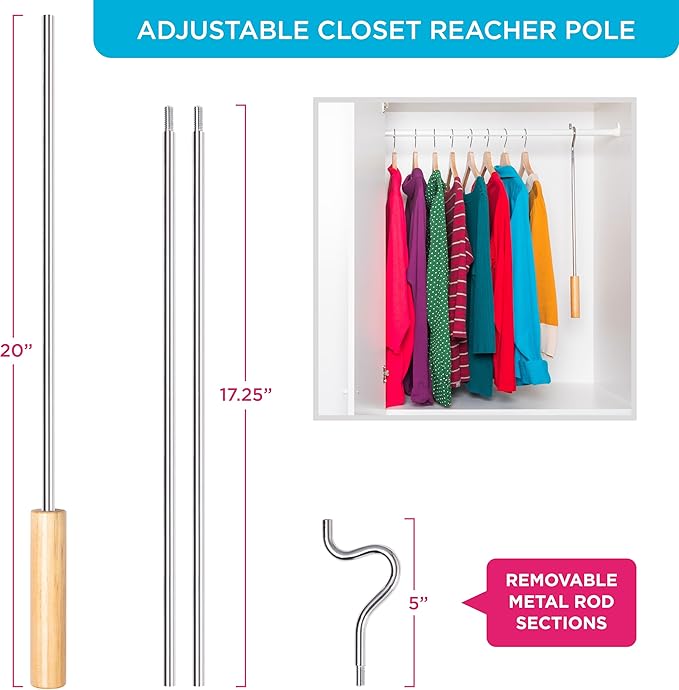 Closet Reacher Pole with Hook and Wooden Handle, Heavy Duty - Adjustable 2.75-5 Feet, Chrome Plated Steel Clothing Hanger Shepherds Hook to Easily Reach Clothes etc - Perfect for College Dorm