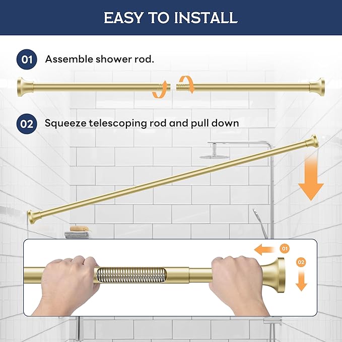 Adjustable Shower Curtain Rod 31-80 Inch, Never Rust Stainless Steel Gold Tension Rod, 1" Heavy Duty No-Drill for Bathroom, Kitchen & Closet