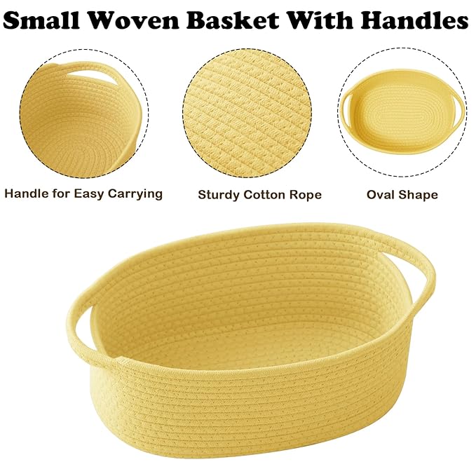Small Woven Rope Basket-Empty Gifts Basket with Bag and Ribbons,Cute Handle Organizer Box for Birthday/Baby Shower, Toy Storage, Nursery Organizing & Shelf Decor(Yellow)