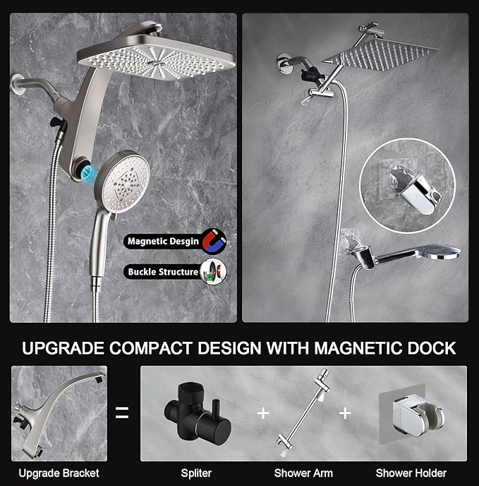 BOZYBO Rain Shower Head with Handheld: High Pressure Shower Heads with Handheld Spray Combo, 12" Rainfall Shower Head and 9 Sprays Hand Showerheads with Magnetic Docking and Power Jets, Nickel 2.5GPM