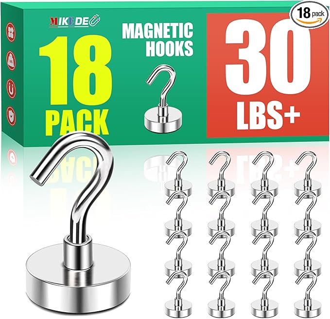 MIKEDE Magnetic Hooks,Strong Magnets Hooks Heavy Duty, Extra Strong Cruise Hook for Hanging, Industrial Metal Refrigerator Hooks for Cruise Cabins, Fridge, Kitchen,Grill-18 Pack-30lbs