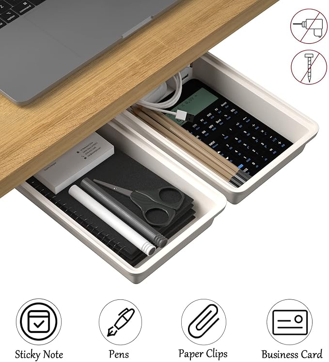 2Pack Under Table Desk Drawer Storage Organizer Slide Out, Hidden Self-Adhesive Under Desktop Pencil Tray Drawer for Office,Classroom,Kitchen(S/white）