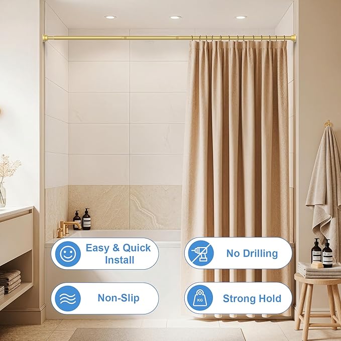 Shower Curtain Rod 45-77 Inch Gold Shower Rod Tension Rod Adjustable Curtain Rod No Drilling Tension Curtain Rod Shower Rods for Bathroom Tension Shower Curtain Rod