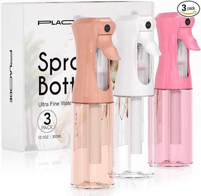 Spray Bottle for Hair, Continuous Ultra Fine Mister Spray Bottle, Refillable Water Sprayer for Hairstyling, Plants, Pets, Cleaning, Skincare (3 Pack 10.1OZ/300ML,White+Pink+Terracotta)