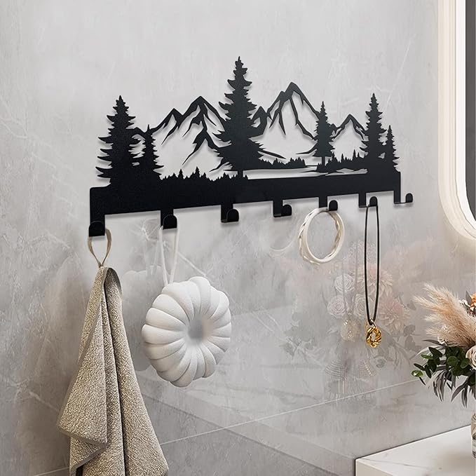 Metal Key Holder, Wall Mounted Key Hooks, Key Holder for Wall, Key Organizer Rack with 7 Hooks, Key Hanger Decor for Kitchen, Entryway, Hallway, Bedroom, Doorway (Mountain 12IN)