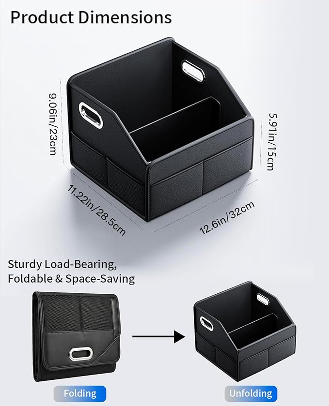 Car Storage Basket, Foldable with Removable Dividers, PU Leather Seat Organizer with Metal Handle, Non-Slip Stable Design, Passenger Front Seat Storage for Back Seat & Floor, 12.6 Inches