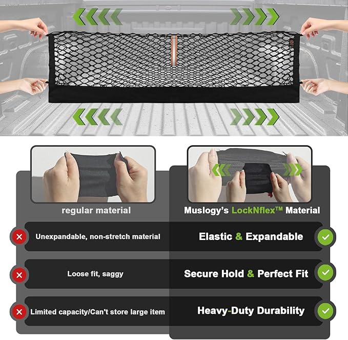 Muslogy Truck Bed Cargo Net Trunk Netting Compatible with Ford F-150 & Lightning 2015-2026 Accessories, Pickup Cargo Organizer SUV Sedan Storage Net w/Heavy Duty Carabiners