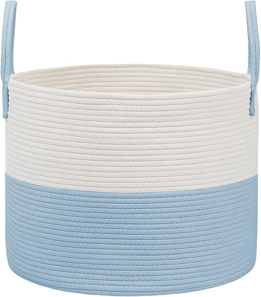 115L Extra Large Blanket Basket for Living Room - Woven Cotton Rope Laundry Hamper with Reinforced Handles - Storage Bin for Pillows, Comforters & Toys - Machine Washable,White&Blue
