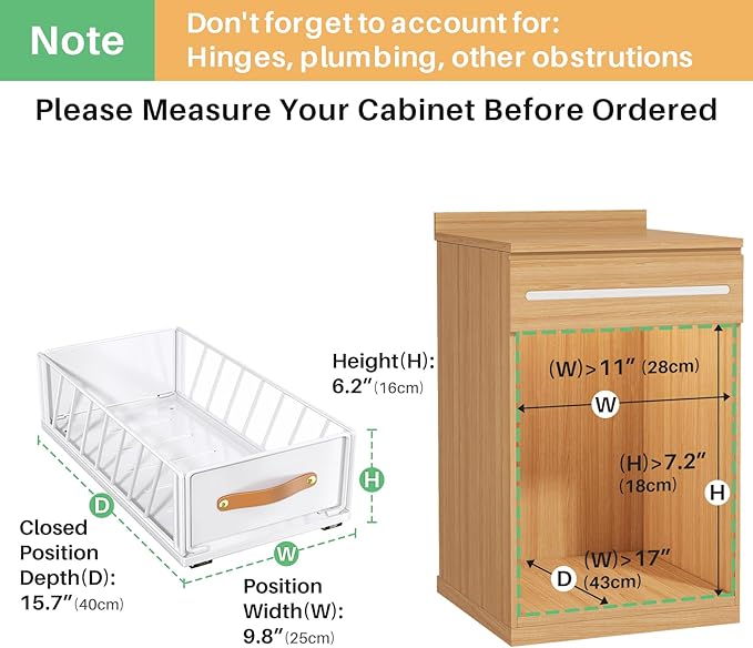Pull out Cabinet Organizer Fixed with Adhesive Nano Film,Heavy Duty Slide out Pantry Shelves Drawer Storage,Sliding Mesh Cabinet Basket with Handle for Kitchen, Bathroom,Home, 9.8"W X 15.7"D X 6.2"H