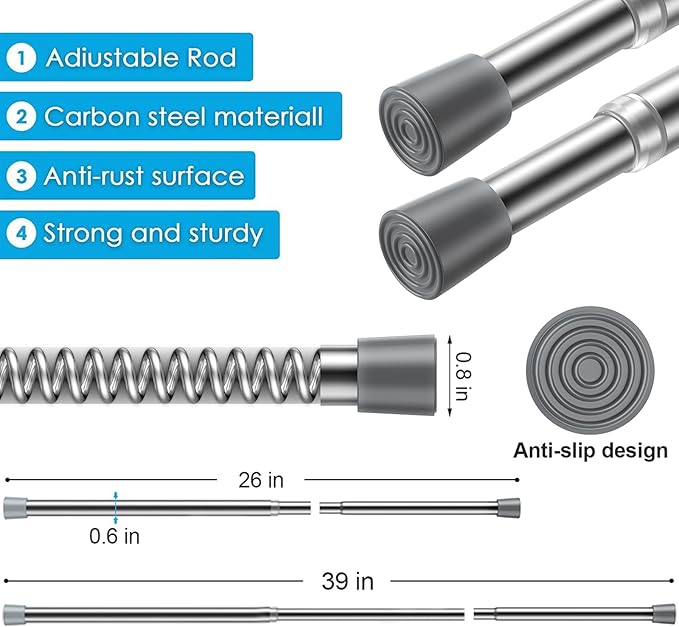 1Pcs Spring Tension Curtain Rod 26-39 inch Spring Tension Rods Silver Tension Rods Adjustable Spring Rod Extendable Tension Rod For Kitchen, Bathroom, Window, Bookshelf,Closet.