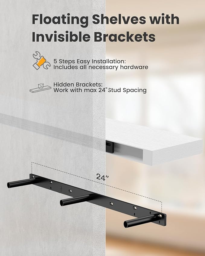 AMADA HOMEFURNISHING Floating Shelves Wall Mounted, 47 x 8 Inch Wall Shelves for Bathroom, Bedroom, Living Room, White Shelves Set of 2