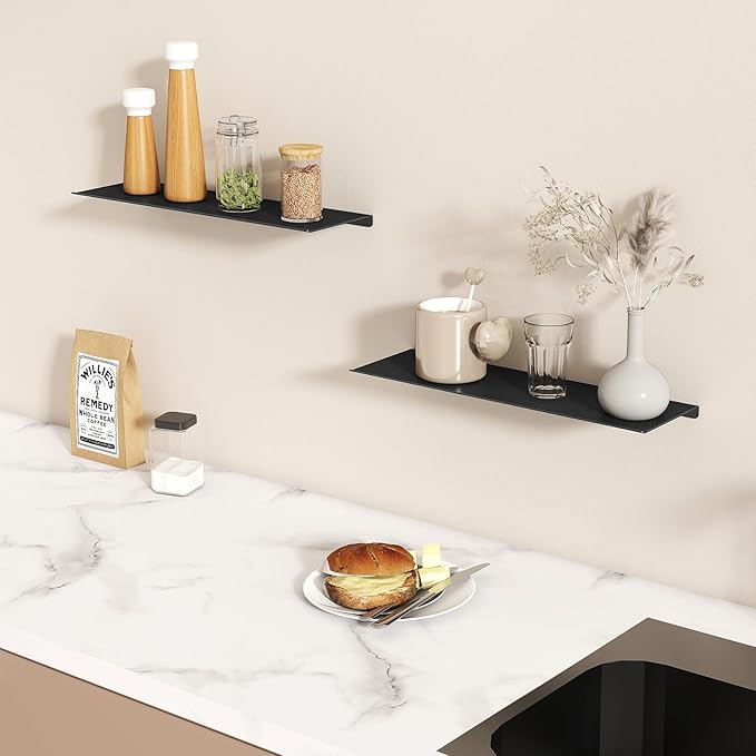 MKO 16" Floating Shelves for Wall, Long Metal Wall Mounted Shelf for Bathroom, Bedroom, Living Room, Kitchen, Display Hanging Shelves for Books/Storage/Room Decor 2 Packs, Black