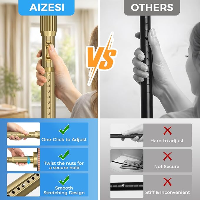 AIZESI 41-67 Inch Heavy Duty Gold Tension Curtain Rod - No Drilling, Adjustable, Rust-Proof for Outdoor, Living Room, Bathroom
