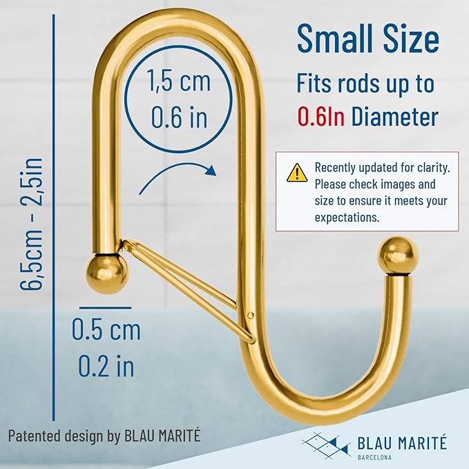 10-Pack Metal S Hooks for Hanging – Heavy-Duty S-Shaped Hooks with Safety Buckle – Fits Bars up to 0.6 in – Anti-Drop Hooks for Kitchen, Pot Racks & Towel Bars – Gold (Small)