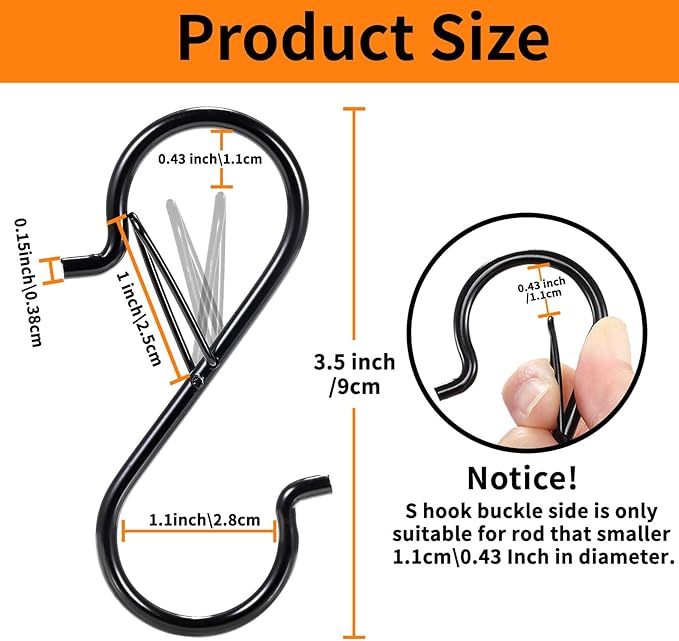 48 Pcs S Hooks for Hanging with Safety Buckle, 3.5 inch Heavy Duty Metal S Shaped Hooks Stainless Steel for Hanging Kitchen Utensil, Cups, Pots, Plants, Bags, Hats (Black)