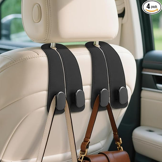 Car Seat Headrest Hooks - 4 Pack Universal Car Purse Hook, Leather Car Bag Purse Holder with Double Metal Hooks for Handbags, Grocery Bags, Bottles, Phones, Black