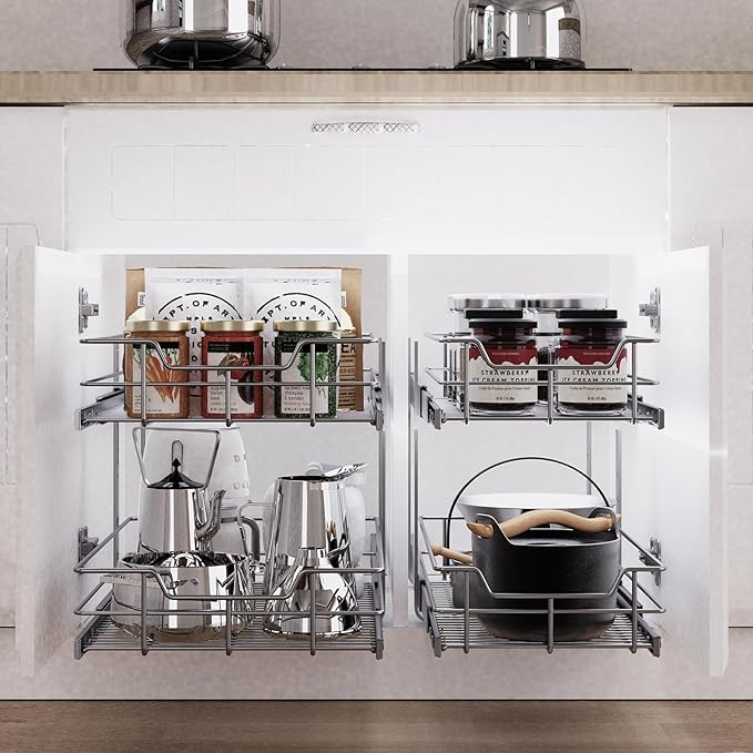 2 Tier Pull Out Cabinet Organizer 14" W X 22" D, Slide Out Drawers For Kitchen Cabinets, Pull Out Drawers For Cabinets Capacity Heavy Duty Caddy, Cabinet Pullout Shelves Chrome-Plated,Bathroom Pantry | Slide Out Drawers, For Kitchen Cabinets, Heavy Dut...