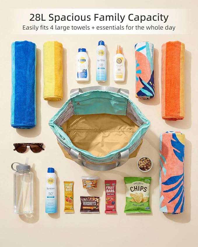 Mesh Beach Bag for Women - Large Foldable Tote with Waterproof Sandproof Bottom plus Zippered Top and 7 Pockets Lightweight Packable Pool Bag for Swim Cruise Travel and Vacation