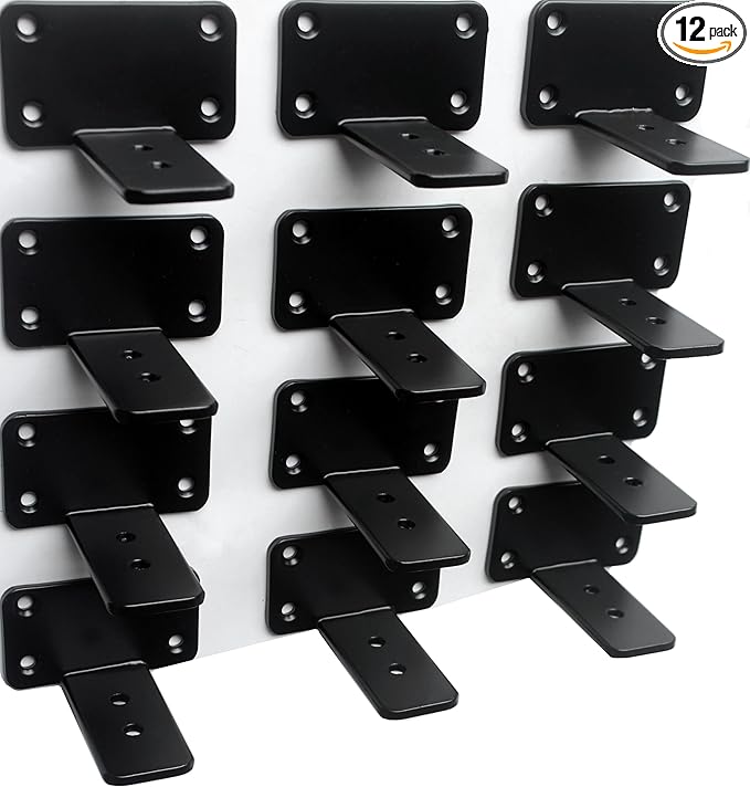 12 Pack - 3 inch Black Hidden L Shelf Bracket (1/5 Inch Thicked) Iron Floating Shelf Brackets Rustic Industrial Metal Brackets for Shelf Support