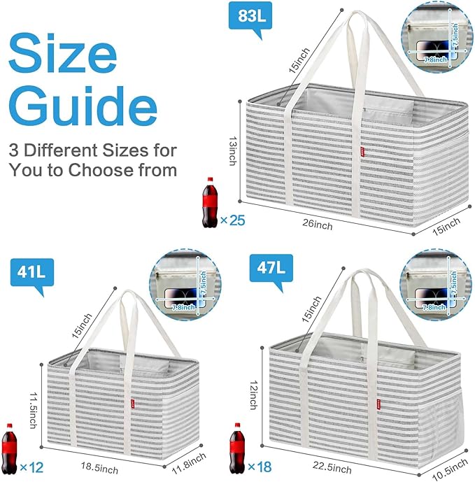 LHZK 2 Pack Utility Tote Bag with Metal Wire Frame and the Sides Rinforced, Large Tote Bag with Handle, Reusable Grocery Bags Foldable, Beach Bag, Car Tote (Gray, 18.5''x11.8''x11.5'')