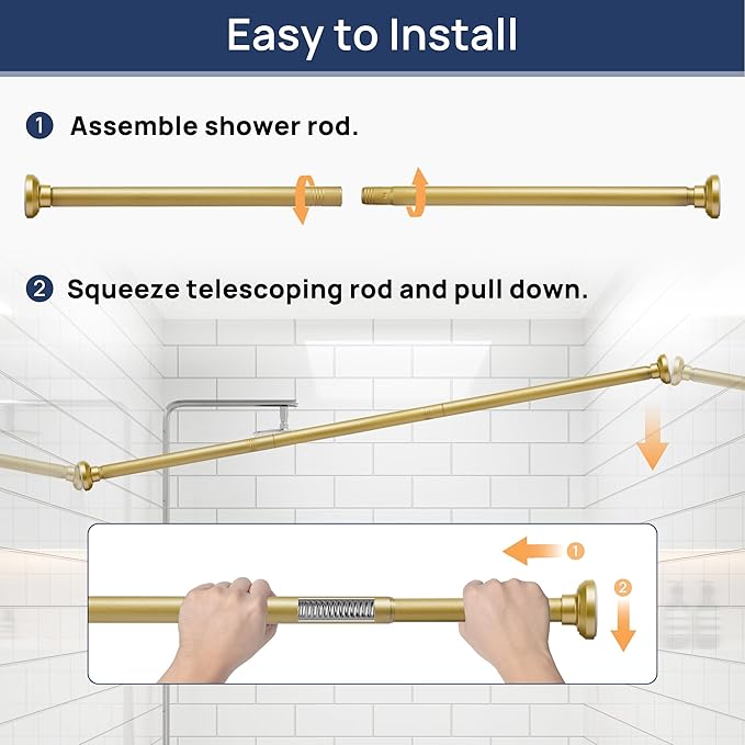 ENJOYBASICS Shower Curtain Rod 30 to 52 Inches, Stainless Steel Adjustable Spring Tension Rods No Drill for Bathroom, Closet, Window, Room Divider, Never Rust, Non Slip, Gold