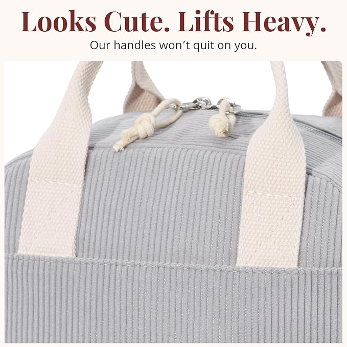 LOVELYWIND Insulated Lunch Bag for Women Men, Stylish Corduroy Tote Bag with Aluminum Lining, Large Capacity Reusable Cooler for Work, Travel, or Beach, Cloud Gray Lunch Box
