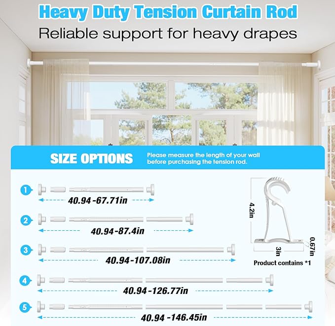 White Tension Curtain Rods 41-146 In Extra Long Outdoor Patio Curtain Rods No Drilling Adjustable Heavy Duty Tension Rods for Windows Bathroom Living Room Curtains, Rod Diameter 1.26In