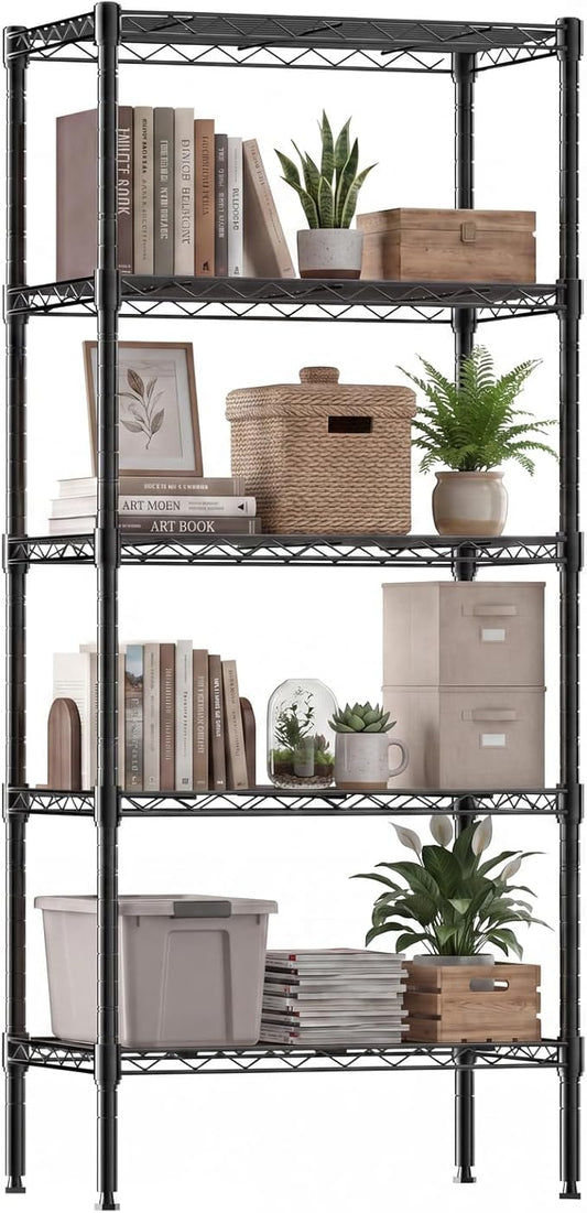 DUMOS 5-Tier Metal Wire Storage Shelves, Adjustable Standing Storage Rack Shelf, Heavy Duty Steel Shelving Unit Organizers for Kitchen Bathroom Pantry Garage, 23.2" W×13.4" D×59.8" H, Black