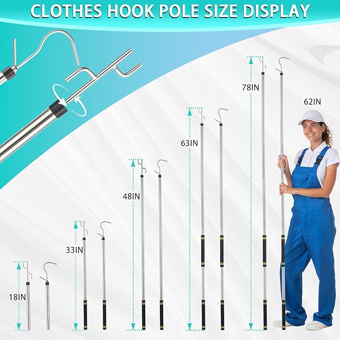 Clothes Hook Pole Heavy Duty,32 to 80In Retail Clothing Hook Pole Long Handle with 2 Hooks Hanging Birdfeeder Frosted Tube Extension Pole to Reach High Hangers for Turck (Black Handle)