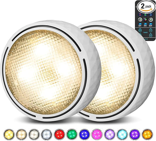 LED Puck Lights with Remote Control, Battery Operated Wireless Closet Light, Under Cabinet Lights Stick on Tap Light, Color Changing Under Counter Light for Kitchen, 2 Pack - White