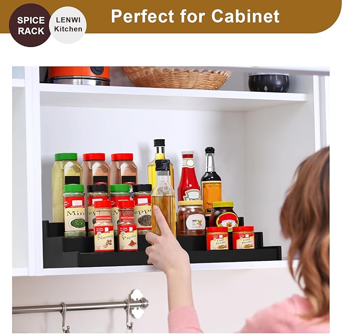 Spice Rack Organizer for Cabinet, 3 Tier Expandable Bamboo Spice Storage for Kitchen Cupboard Pantry, Black