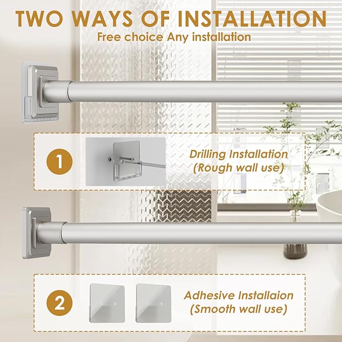 Brushed Nickel Shower Curtain Rod,Spring Tension Curtain Rod 30-88”,No Drill or Screw Installation Shower Rod for Bathroom, Closet, Kitchen with Brackets
